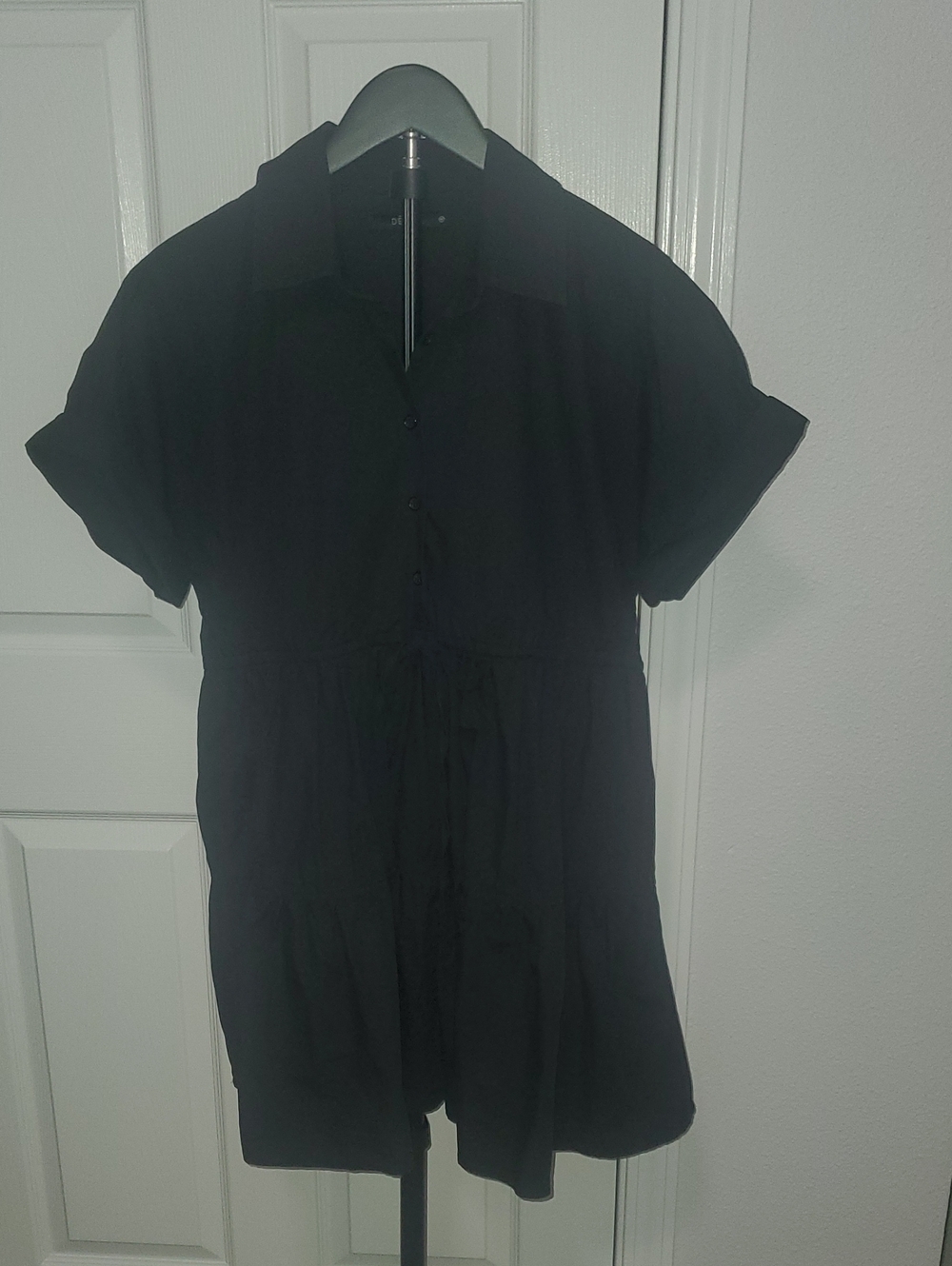 DÈLUC Poplin Tiered Mini Shirt Dress Black M 100% Cotton
